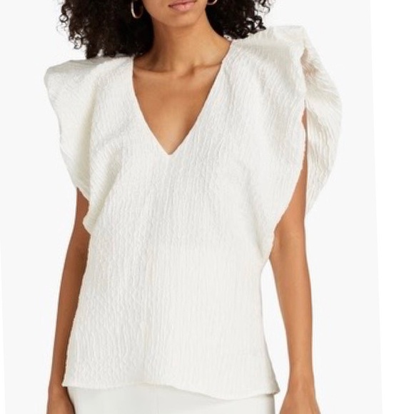 CO Avery Linen Crepe Pleated Cap Sleeve Textured Jacquard V Neck Blouse Top NEW - Picture 5 of 16